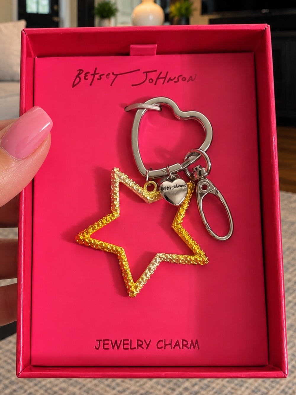 Betsey Johnson Star Jewelry Charm Keychain Gold Tone Heart Charm Original Box